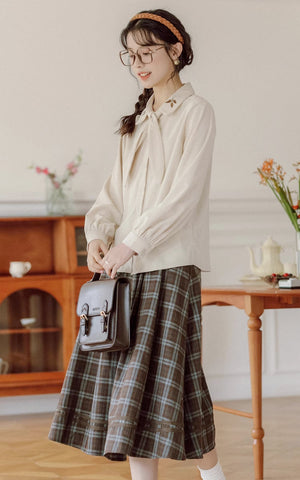 Leafy Corduroy Tie-Neck Blouse