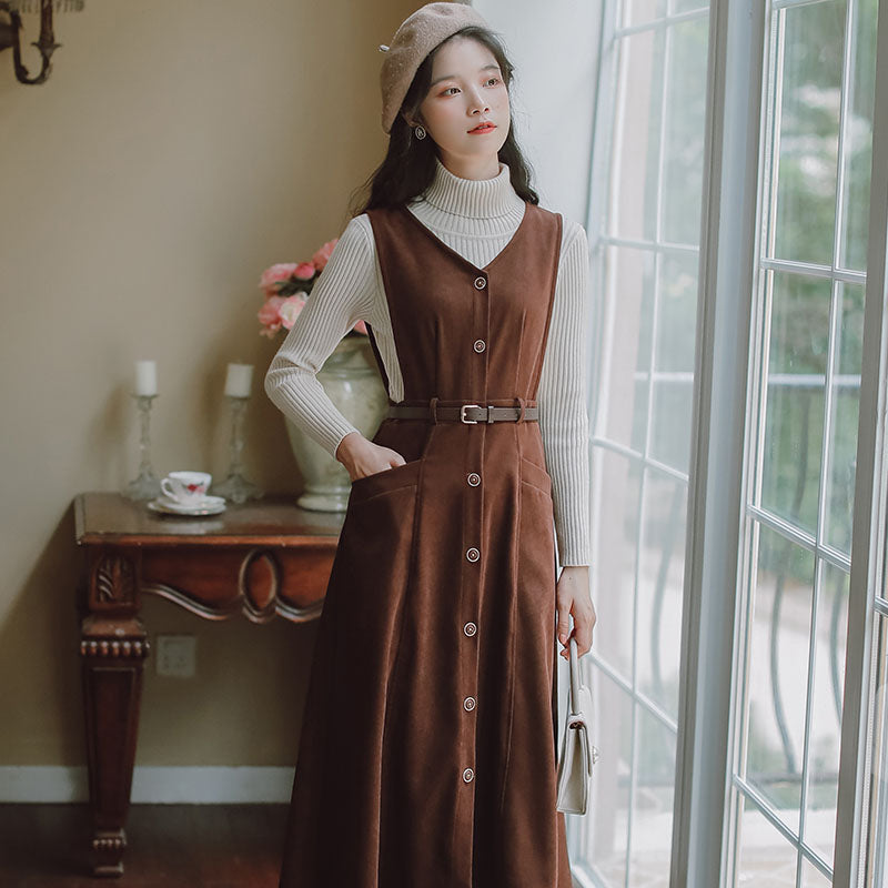 Button Up Suede Pinafore Dress