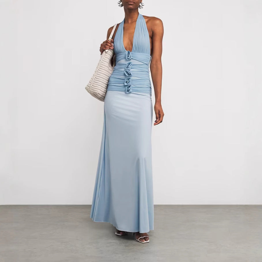 Halter Neck Floral Open Back Midi Dress