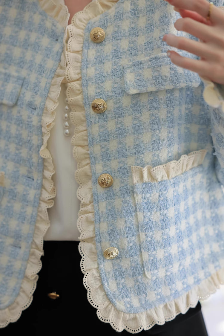 Gingham Lace Trim Tweed Jacket