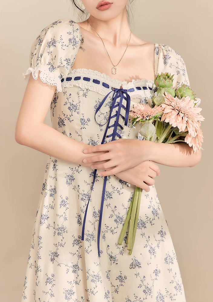 Porcelain Rose Lace Up Midi Dress