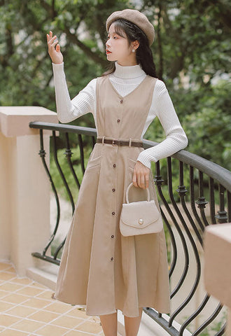 Button Up Suede Pinafore Dress