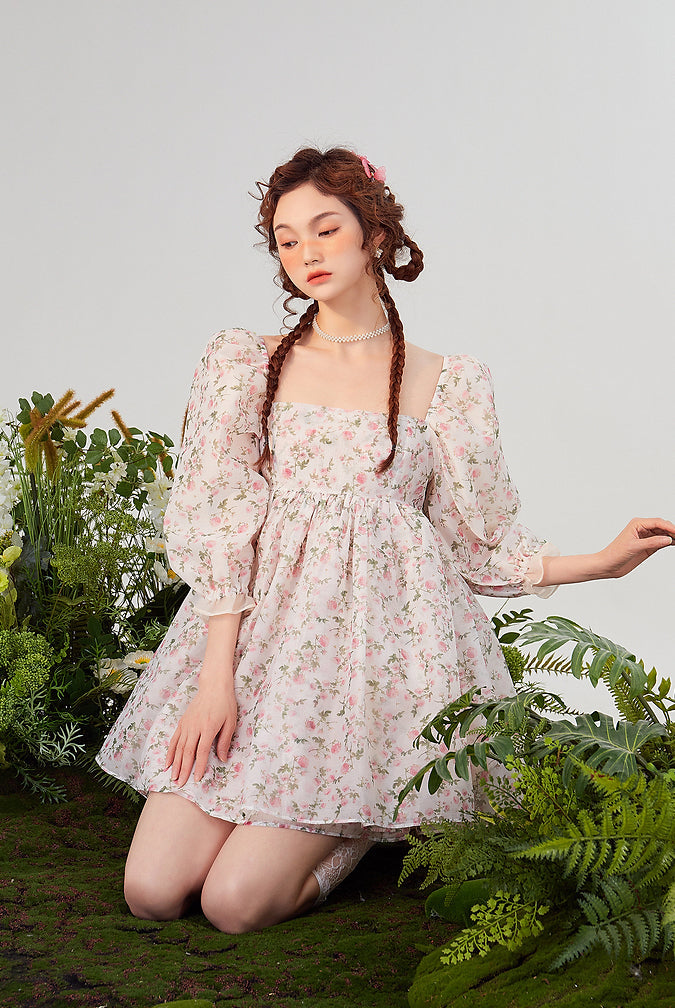 Vestido mini abullonado reversible Rose Tea