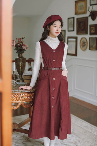 Button Up Suede Pinafore Dress