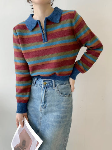 Autumn Vintage Stripe Polo Sweater