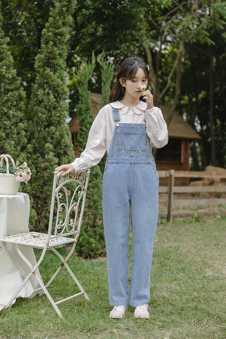 Retro Floral Embroidered Denim Overalls