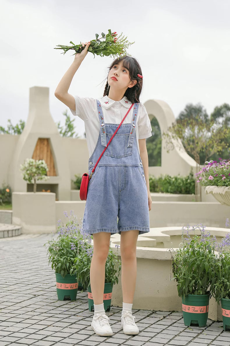 Rosy Days Embroidered Short Overalls