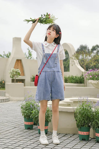 Rosy Days Embroidered Short Overalls