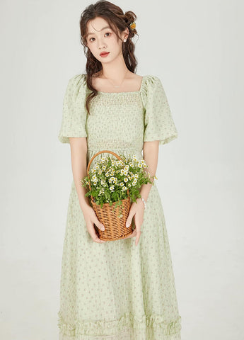 Minty Floral Puff Sleeve Midi Dress