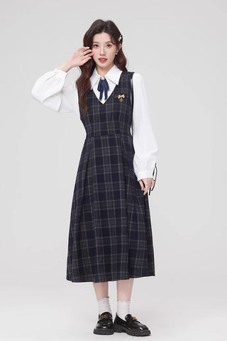 Oxford Plaid Midi Pinafore & Blouse Set