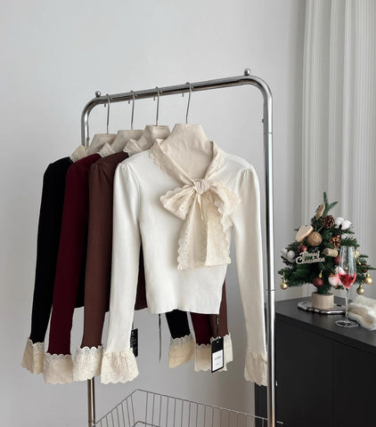 Lace Trim Tie Neck Sweater