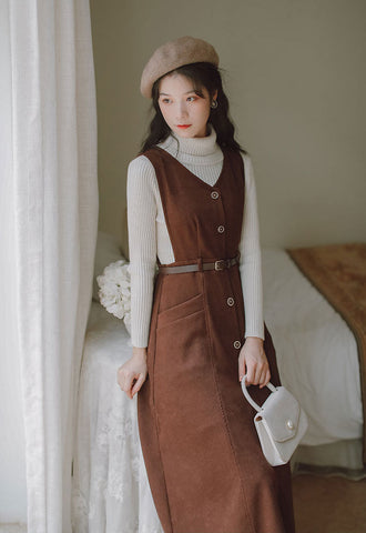 Button Up Suede Pinafore Dress