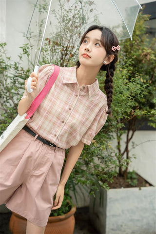 Strawberry Matcha Plaid Blouse