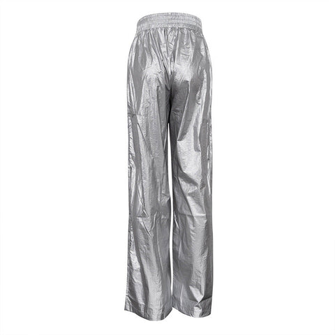 Fashionable Windproof Pants  Silver Elastic Waist Loose Straight Leg Slimming Y2K Wide Leg Pants