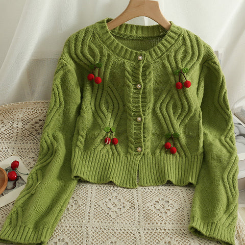 Cherry Pom Pom Cropped Cardigan