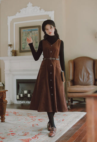 Button Up Suede Pinafore Dress