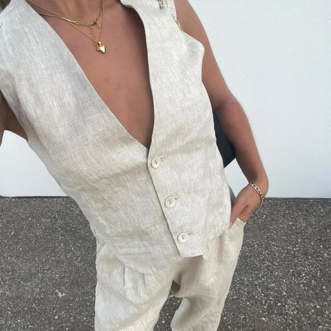 Cotton and Linen Sleeveless Vest Trousers Casual Suit