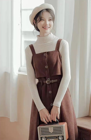 Suede Button Up Cami Pinafore Dress