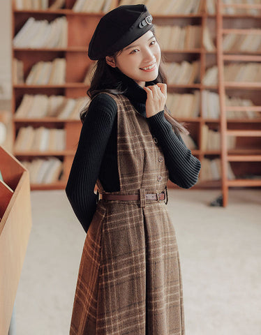 Coffee Plaid Midi Pinafore Dress