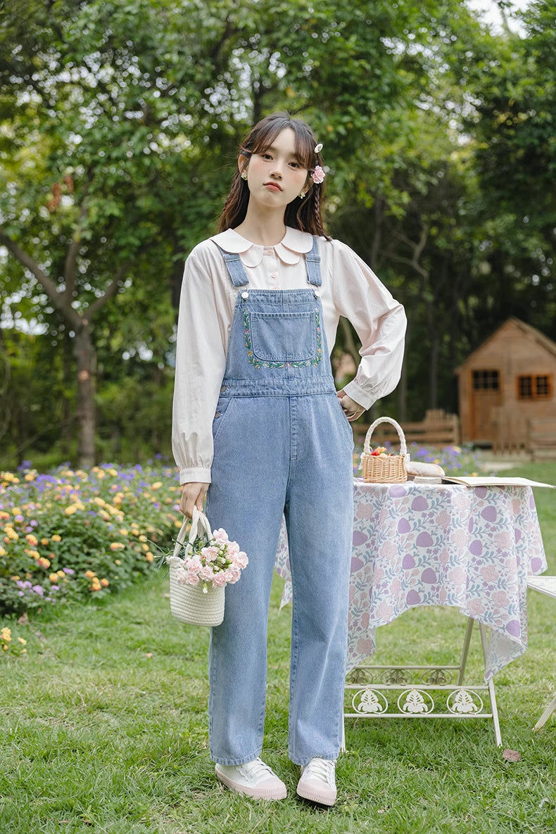 Retro Floral Embroidered Denim Overalls