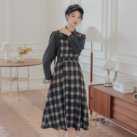 Crepe Plaid Pinafore Dress Set