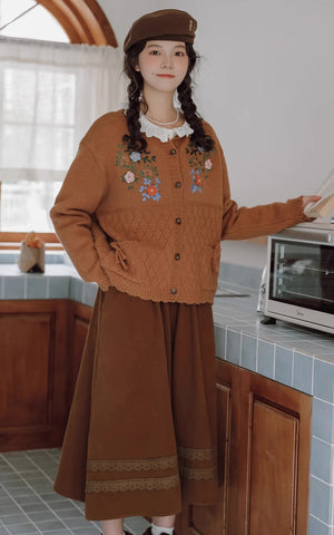 Grandma's Autumn Floral Embroidered Cardigan