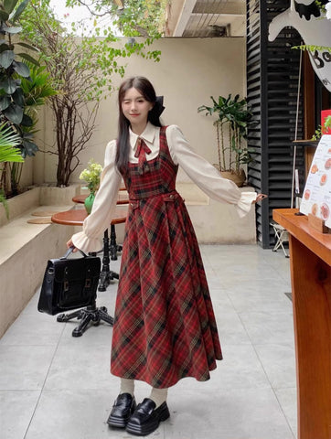 Merry Plaid Midi Pinafore Dress