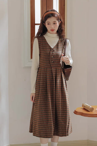 Fallen Leaves Plaid Pinafore Dress Set