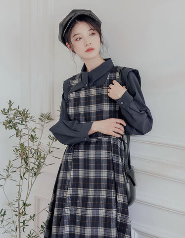 Crepe Plaid Pinafore Dress Set