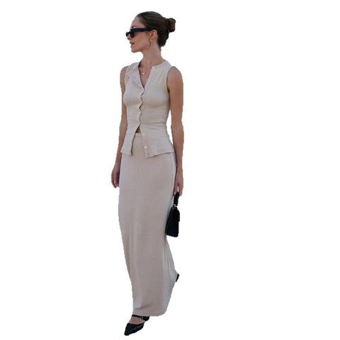 Knitted Solid Color Sleeveless Vest Two Piece Set