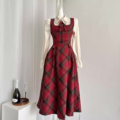 Merry Plaid Midi Pinafore Dress