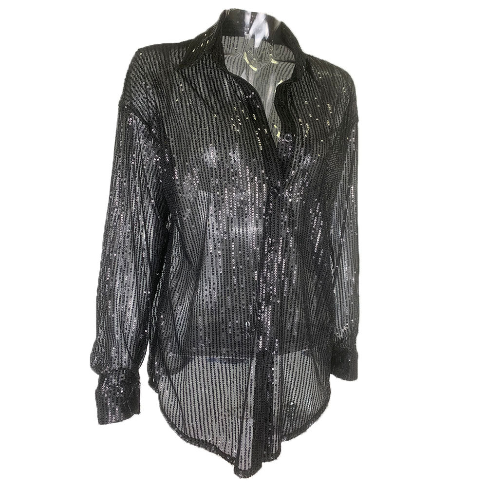 Glitter Sheer Mesh Top Long Sleeve Button Down Sequin Shirt