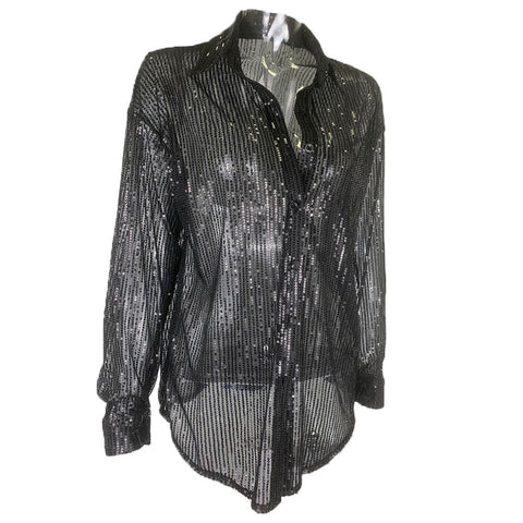 Glitter Sheer Mesh Top Long Sleeve Button Down Sequin Shirt