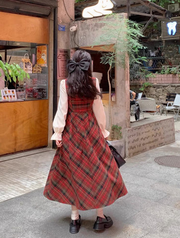 Merry Plaid Midi Pinafore Dress