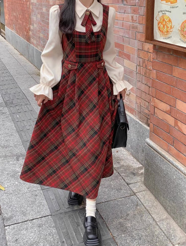 Merry Plaid Midi Pinafore Dress