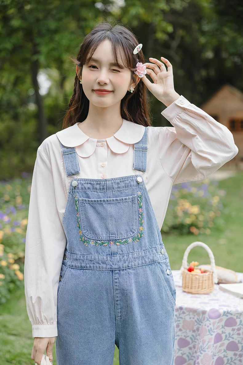 Retro Floral Embroidered Denim Overalls