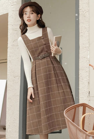 Belted Plaid Pinafore Dress