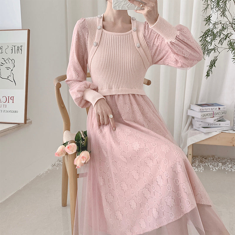Vestido de suéter de punto con encaje