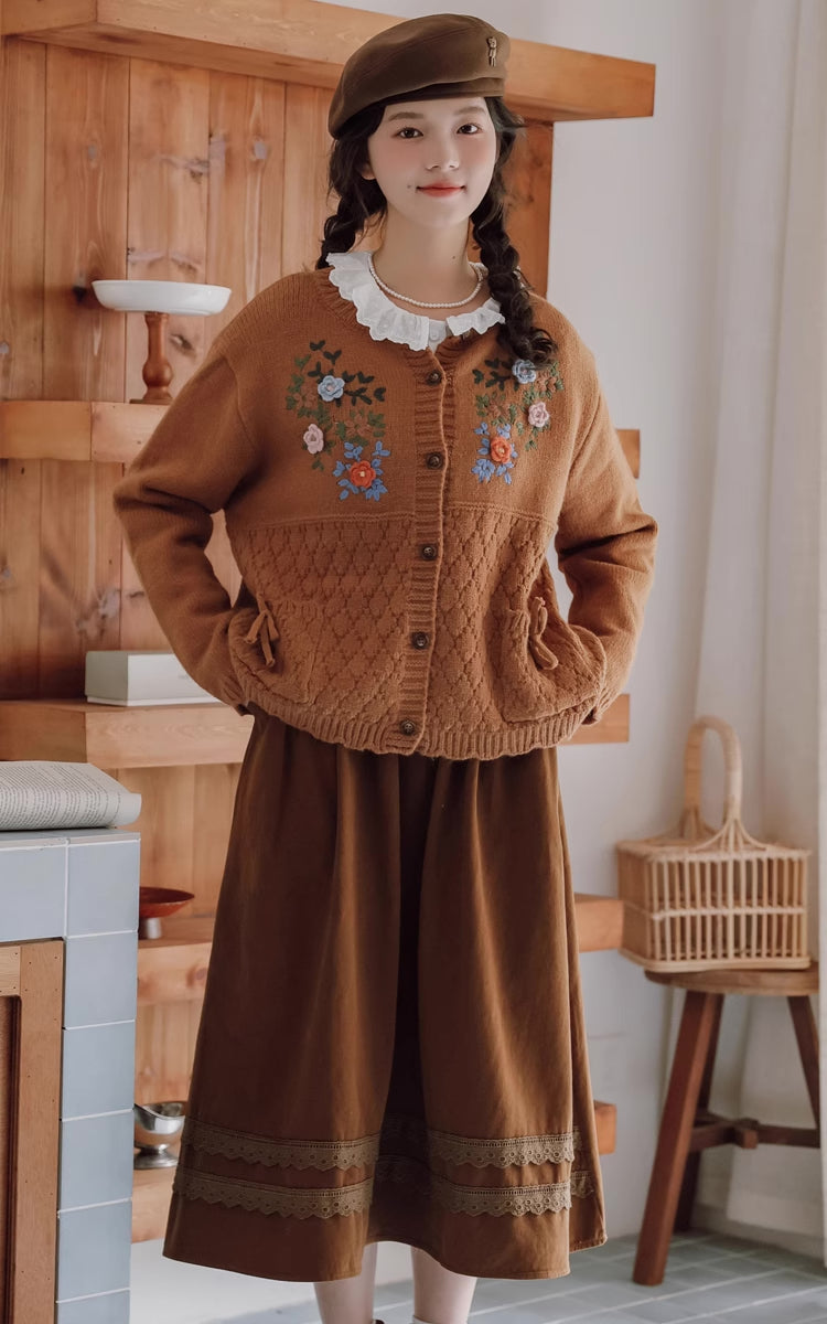 Grandma's Autumn Floral Embroidered Cardigan