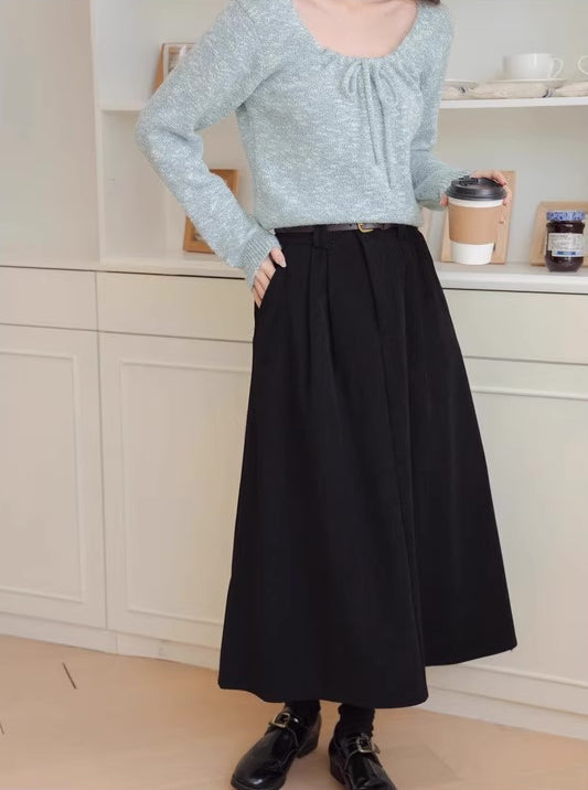 Belted Corduroy Midi Skirt