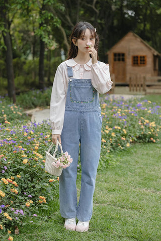 Retro Floral Embroidered Denim Overalls