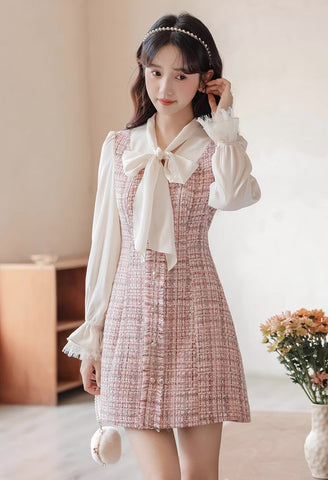 Tie Neck Tweed Mini Shift Dress
