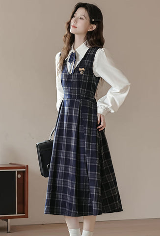 Oxford Plaid Midi Pinafore & Blouse Set
