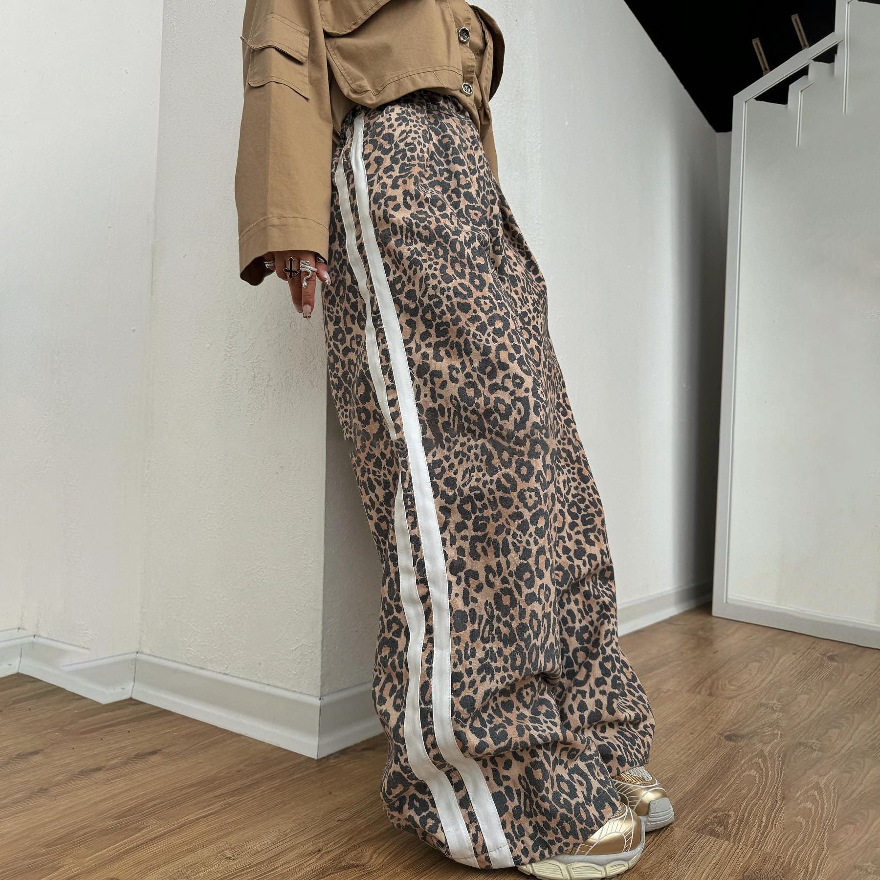Leopard Print Striped Loose Wide-leg Trousers