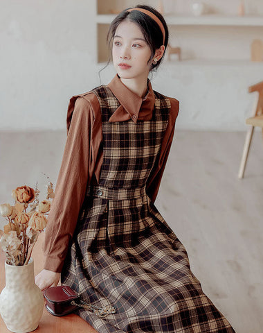Crepe Plaid Pinafore Dress Set