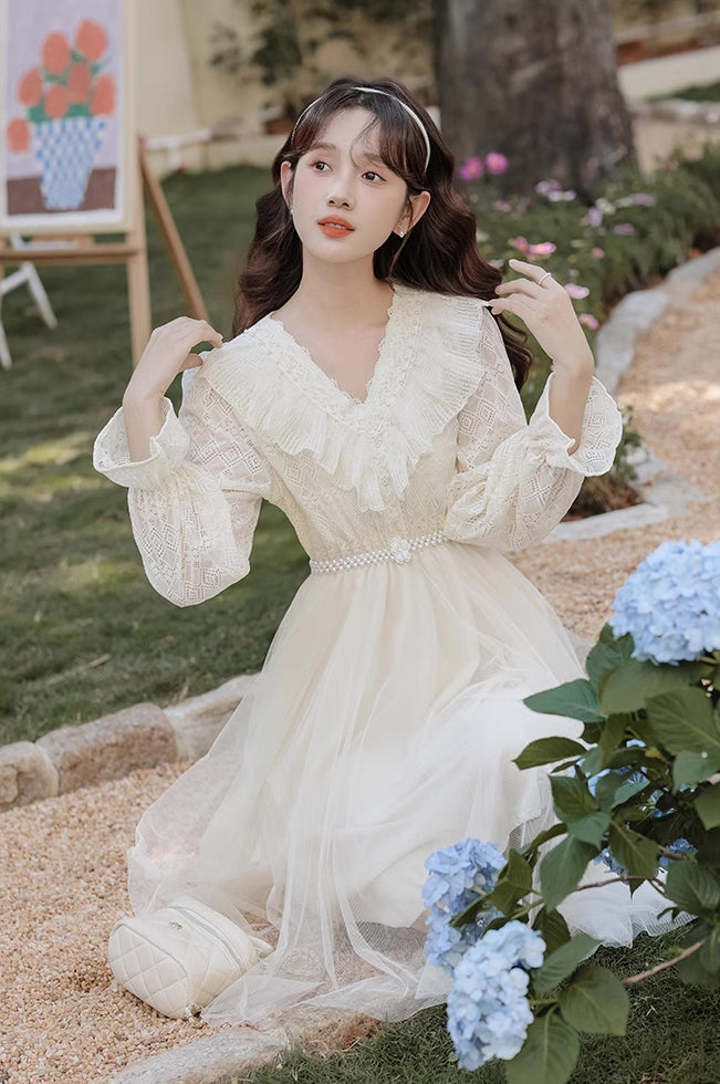 Midikleid aus Spitze und Tüll mit V-Ausschnitt