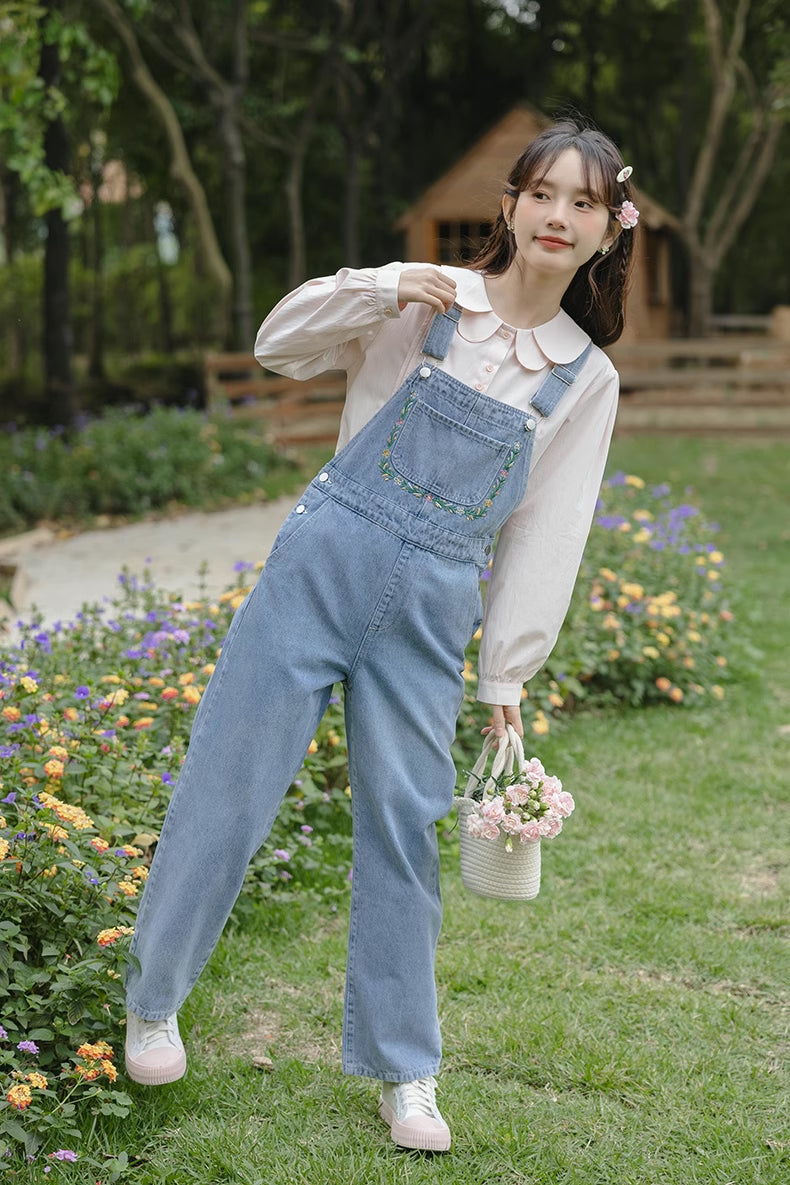 Retro Floral Embroidered Denim Overalls