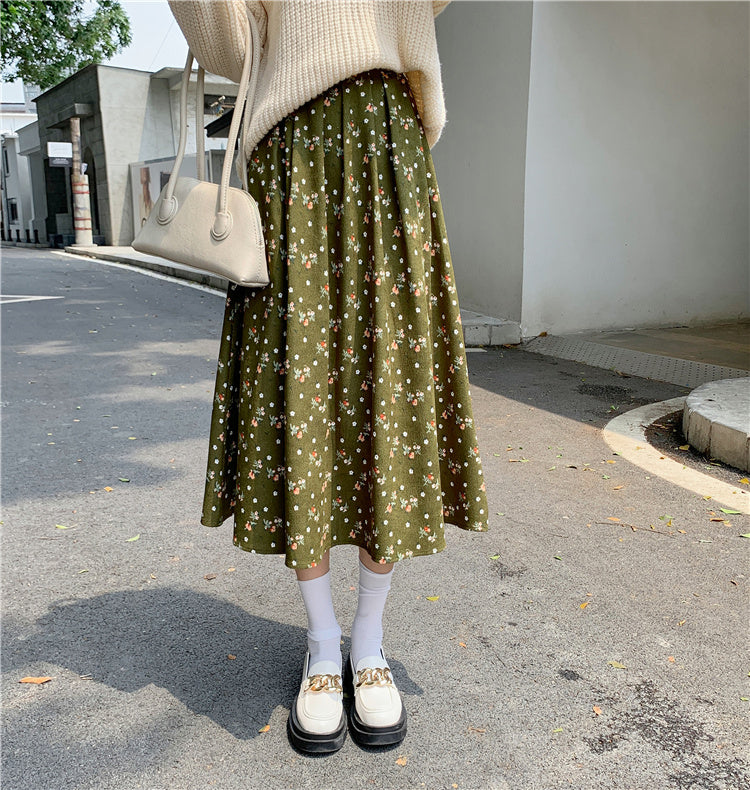 Raining Flowers Corduroy Midi Skirt