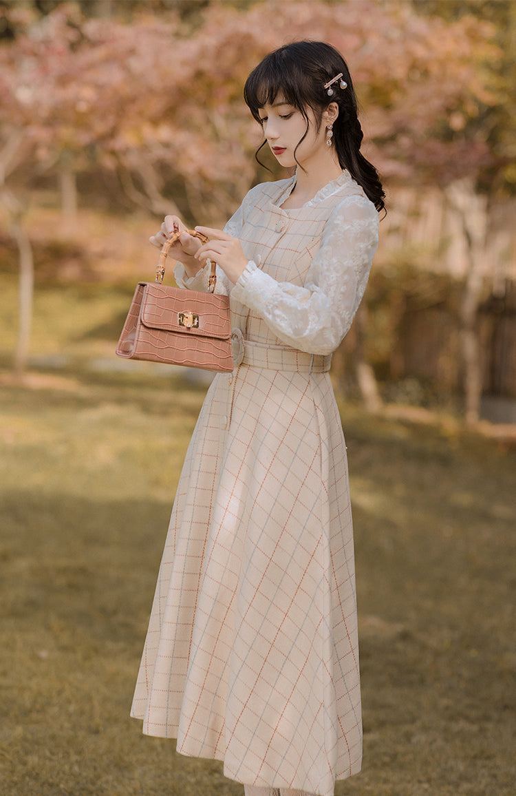 Milky Plaid Tweed Button Up Dress