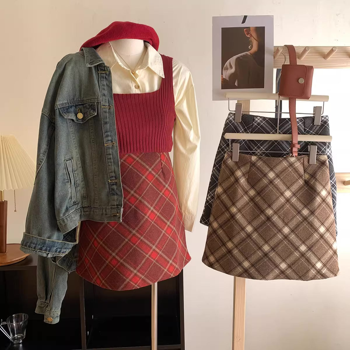 Biscuit Plaid Mini Skirt